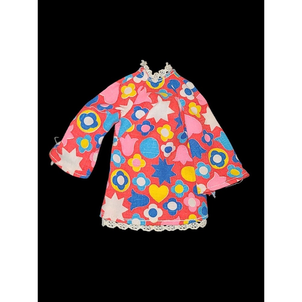 Vintage Barbie Size Mod Psychedelic Dress 60s Floral Lace Trim Doll Clothes - Picture 3 of 3